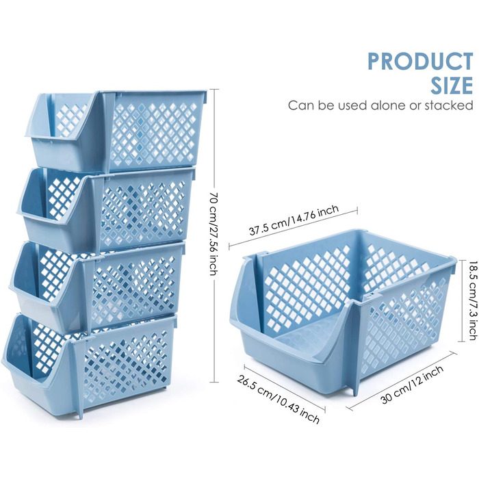 Штабелювані кошики для зберігання їжі, снеків, іграшок, туалетного приладдя, пластикові, сині, 4 шт. и