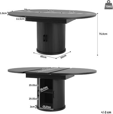 Розсувний обідній стіл, обідній стіл, кухонний стіл, розсувна стільниця, круглий обідній стіл, розкладний до овального, 118-158 см, вміщує до 6 осіб (чорний)