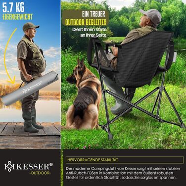 Складане крісло для кемпінгу KESSER, крісло-гойдалка (до 160 кг) Рибальське крісло, складне крісло, з м&39якою підкладкою та високою спинкою У комплекті ліхтарик для кемпінгу та тримач для напоїв Пляжне крісло з функцією гойдання, сірий/чорний
