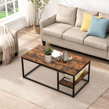 Журнальний столик VOWNER, стіл для вітальні, журнальний столик зі сталевим каркасом та полицями, промисловий дизайн, скандинавський стиль, легке складання, дерев&39яний диванний столик, приставний столик, вінтажний коричневий