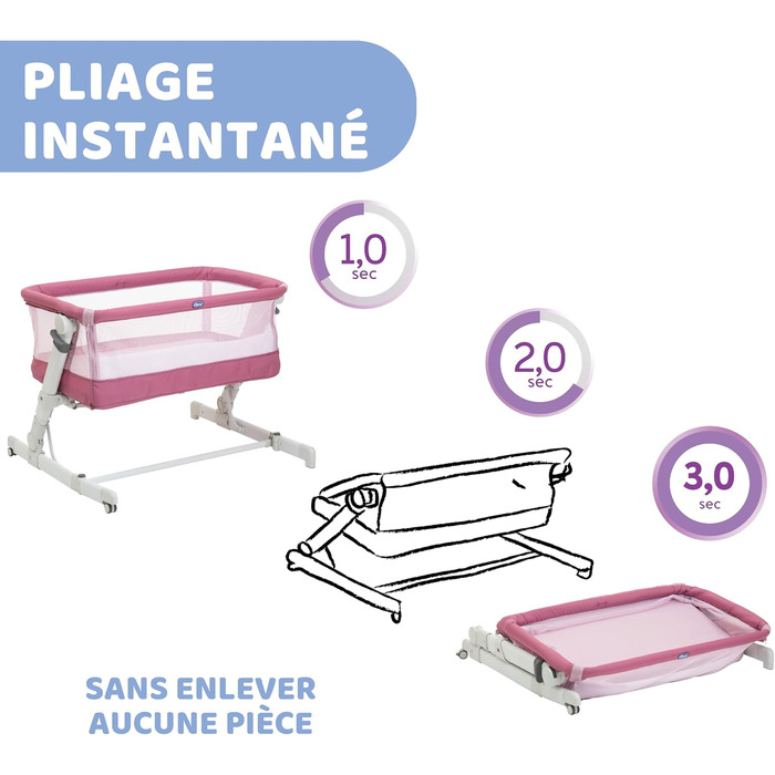 Дитяче ліжечко для новонароджених, Спільне ліжечко, Компактне закриття, Портативне, Складані засувки, Регульована висота, В комплекті матрац та дорожня сумка, Рожева орхідея, 2Me Pop Up