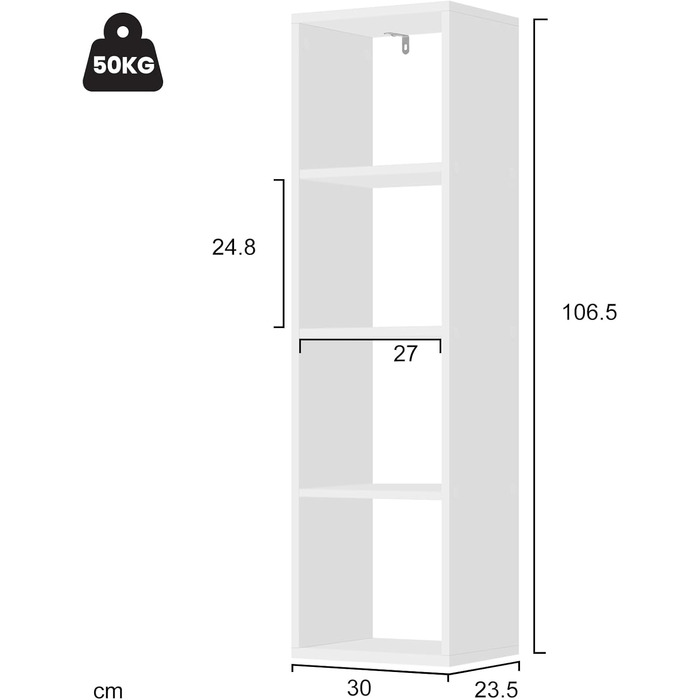 Книжкова полиця WOLTU на 4 рівні, кубічна полиця, відкритий стелаж, полиця для вітальні, кабінету, дитячої кімнати, офісу, сучасна, 30x106,5x23,5 см, білий, SK051ws