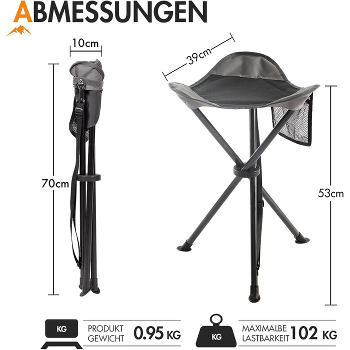 Складаний портативний стілець Portal, складаний з бічною кишенею, стілець-штатив, надлегкий портативний рибальський стілець, висота 53,3 см, вантажопідйомність 102 кг, кемпінговий стілець з бічною кишенею для риболовлі, кемпінгу, походів, чорний