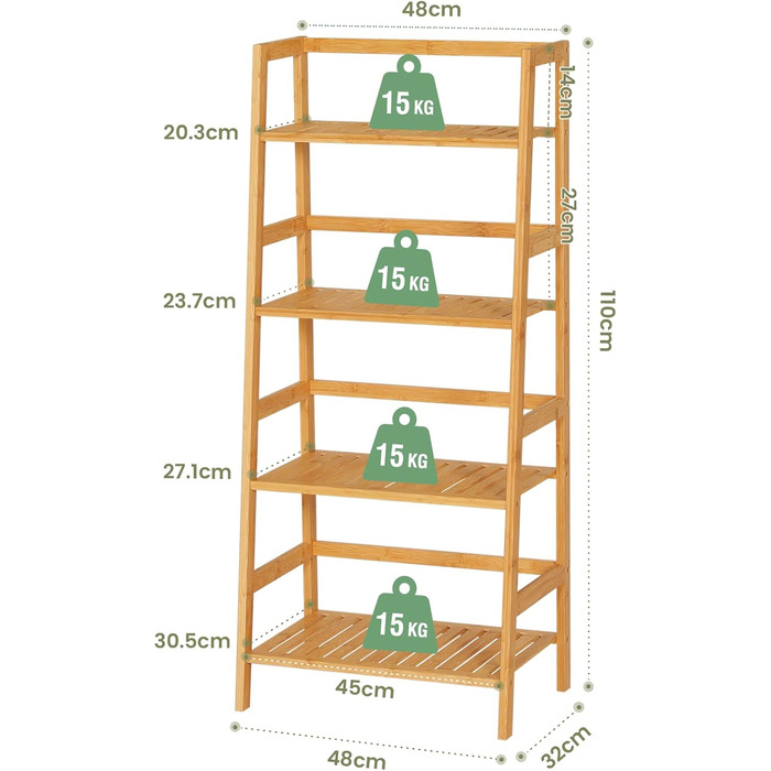 Полиця для ванної кімнати VIAGDO, полиця-драбина з 4 ярусами, книжкова полиця, полиця для взуття, полиця для рослин, полиця для балкону, полиця для квітів, багатофункціональна бамбукова полиця для невеликих приміщень, натуральний бамбук