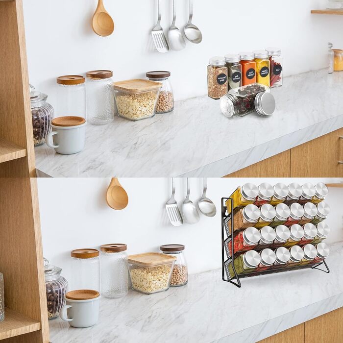 Стійка для спецій Bomblap (без банок для спецій), Постійна стійка для спецій, Металева кухонна полиця, Вміщує багато банок для спецій, Організатор для спецій для кухонної шафи та робочої поверхні, Банки для спецій не входять до комплекту, Чорний