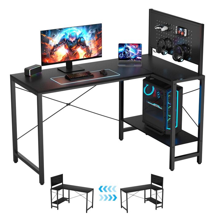 Г-подібний кутовий стіл, 125x70 см з шухлядами та перфорованою дошкою, регульована по висоті бічна панель, ергономічний ігровий стіл висотою 75 см, для домашнього офісу, потокового відео та ігор, чорний