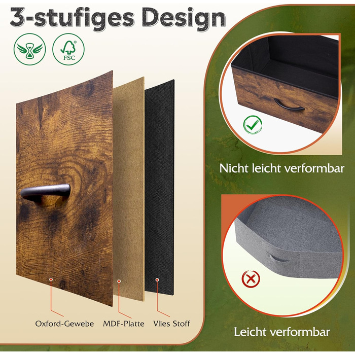 Комод WLIVE з 4 тканинними шухлядами, комод для спальні, комод для вітальні, з міцним сталевим каркасом, дерев&39яна стільниця, рустикальний коричневий вінтажний коричневий чорний 29,8 Г x 39,8 Ш x 98,2 В см (4 шухляди)