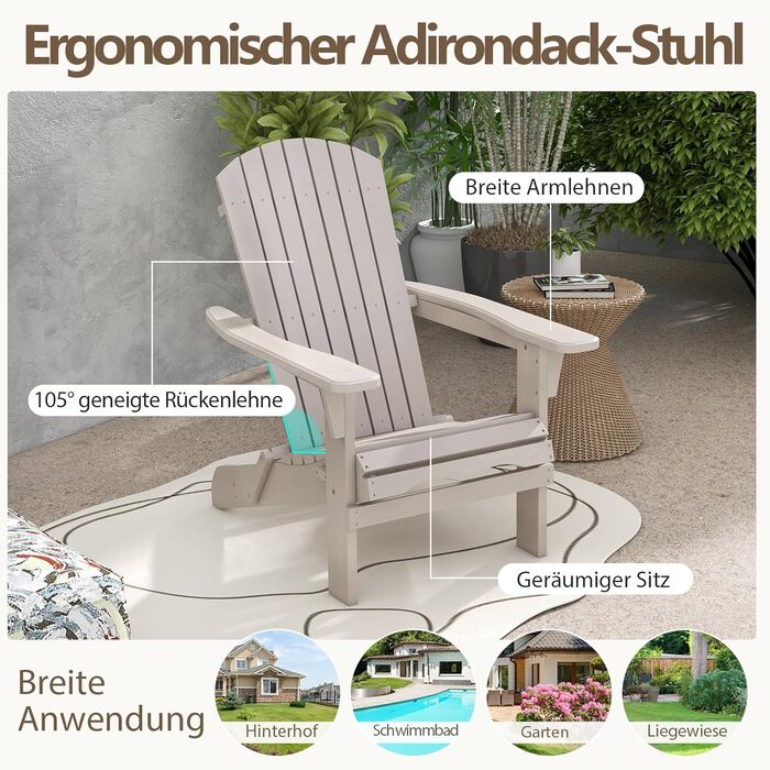 Складане крісло COSTWAY Adirondack, комплект з 2 шт. , дерев&39яне крісло Adirondack, садове крісло з високою спинкою та широкими підлокітниками для саду, патіо, вантажопідйомність 180 кг (сіре) сірого кольору, комплект з 2 шт.