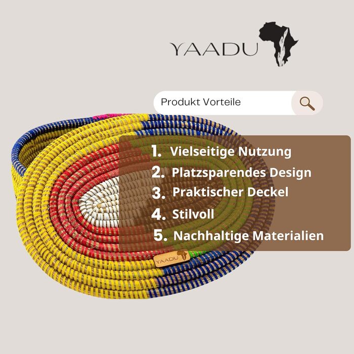 Плетений кошик для зберігання YAADU з кришкою полиця-кошик, хлібниця, органайзер, багатофункціональна полиця-кошик, коробка для зберігання іграшок, косметики, круглий хлібник, модель Yama (різнокольоровий)