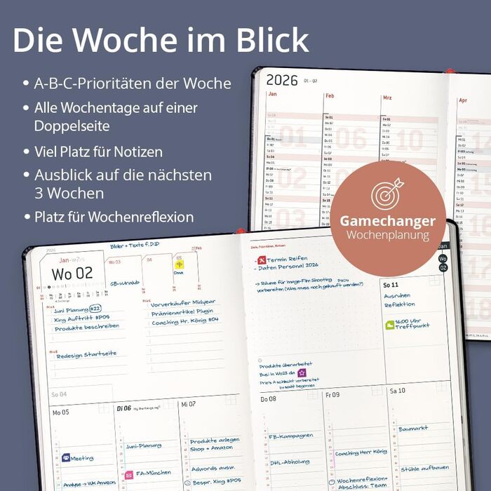 Бізнес-планувальник weekview 2026 A5 Професійний персональний органайзер та планувальник успіху Тижневе та щоквартальне планування, річні цілі, бізнес-інструменти, сторінки для нотаток (чорний, класичний) Класичний чорний