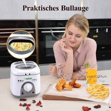 Міні-фритюрниця Augosma з олією 850-950 Вт л Ємність 1 л Оглядове вікно l Кошик для смаження з нержавіючої сталі l Регульована температура l Теплоізольований l Нековзна гумова накладка l Білий 1 л