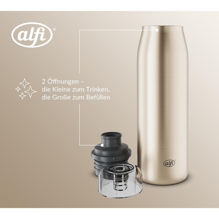 Пляшка alfi ISO 500 мл, золоте шампанське, ізольована пляшка з нержавіючої сталі, абсолютно герметична кришка, що закручується, зберігає напої гарячими 12 годин, холодними 24 години, підходить для газованих напоїв, без BPA, 500 мл золоте шампанське