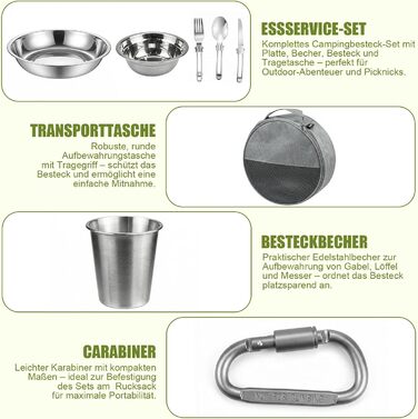 Набір посуду для кемпінгу на 2 особи - нержавіюча сталь 304, тарілки, миски, чашки та столові прибори, чохол та карабін, портативний посуд для пікніків, барбекю та відпочинку на природі (13 предметів)