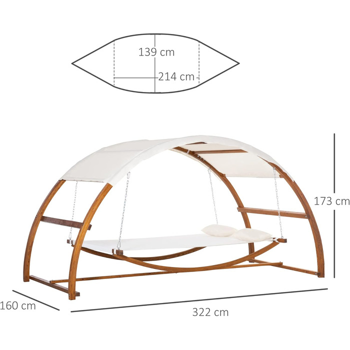 Гамак Outsunny з дерев'яним каркасом і навісом від сонця Гамак з 2 подушками Барний гамак відкритий для приміщень кремовий білий натуральний 322 x 160 x 173 см