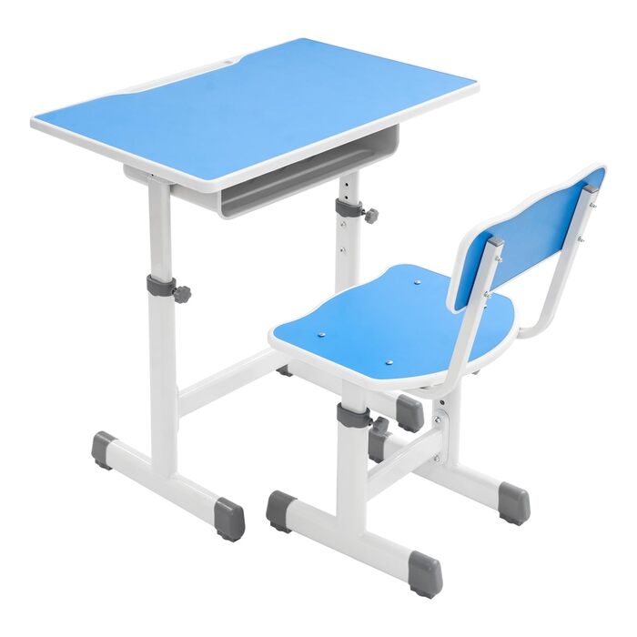 Дитячий письмовий набір, дитячий стіл з регульованою висотою (стіл 64-76 см, стілець 36-42 см), стіл з гачками, шухлядою та лотком для ручок для дітей віком 3-18 років, навчання письму та малюванню (синій, білий)