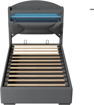 М&39яке односпальне ліжко 90x200 см зі світлодіодним освітленням, портом USB-C, гідравлічним ліжком, дитяче ліжко з місцем для зберігання та узголів&39ям, каркас ліжка з металевим каркасом, коробкою для зберігання та рейковою основою, лляне, сіре, без мат