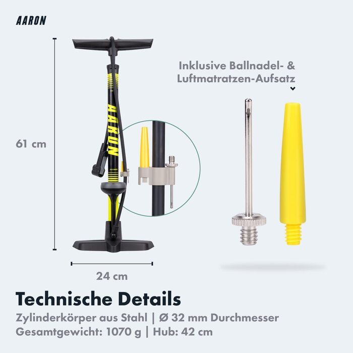 Велосипедний насос AARON Sport One з манометром, 42 см, 11 бар / 160 psi, сталь/алюміній/пластик, жовтий