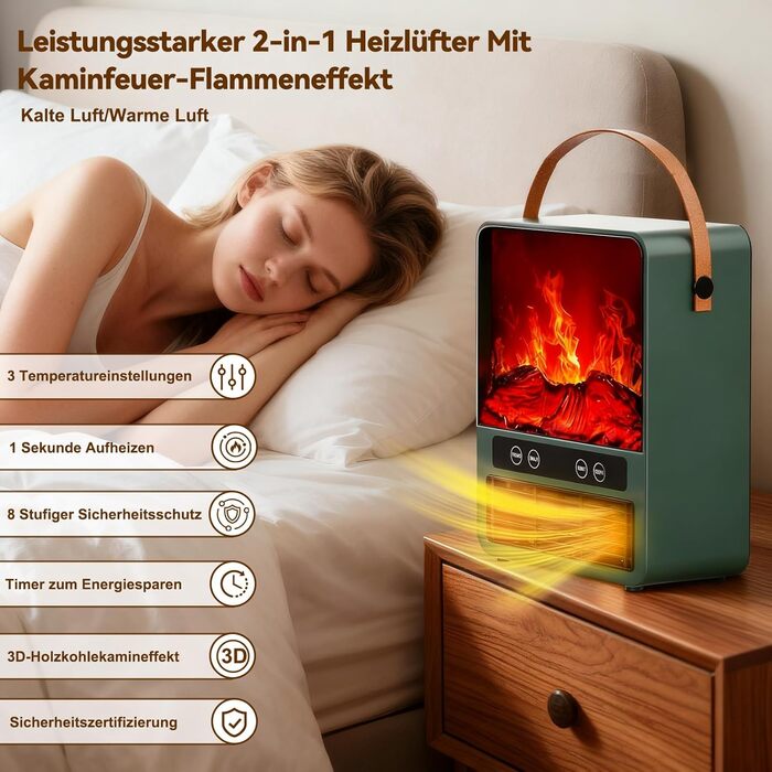 Енергозберігаючий керамічний вентилятор-обігрівач, дизайн каміна 3D ефект полум&39я, електричний нагрів 1500 Вт, 3 режими нагріву, тиха робота 34 дБ, пульт дистанційного керування, невеликий вентилятор-обігрівач для ванних кімнат