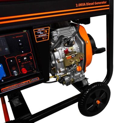 Дизельний генератор 2 кВА, генератор відкритого типу, аварійний генератор, 230 В, 3,8 кВт, 5-в-1, цифровий дисплей, однофазний, ручний, вихід змінного/постійного струму, порошкове покриття, місткість паливного бака 12,5 л, інструменти та лійка