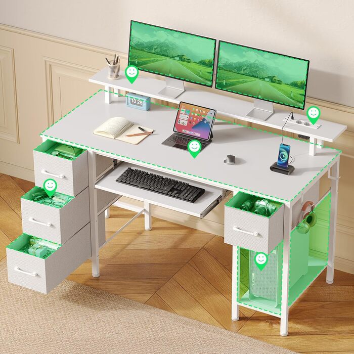 Ігровий стіл Seventable з шухлядами, комп&39ютерний стіл зі світлодіодним освітленням, розетками та USB-портами, ігровий стіл з підставкою для клавіатури та монітора для офісу, вітальні (білий, 120x47x88 см) Білий 120x47x88 см