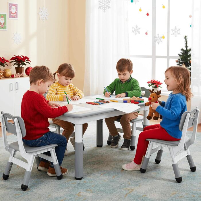 Дитячий комплект столу та стільців MAMIZO з 4 стільцями, регульований по висоті дитячий комплект столу та стільців для дитячого садка та дитячої кімнати, пластикові дитячі меблі, комплект сидінь для хлопчиків та дівчаток від 2 років, сірий 60 x 120 см (4 