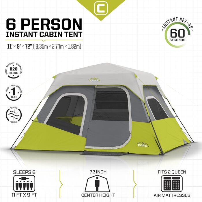 Намет-кабінет CORE Instant Cabin Tent для 6 осіб з настінним органайзером