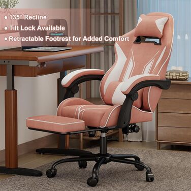 Геймерське крісло з підставкою для ніг, ергономічний дизайн з підголівником та поперековою опорою - офісне крісло з високоякісної технічної тканини та вантажопідйомністю 130 кг для кіберспорту/домашнього офісу/ігор, рожеве