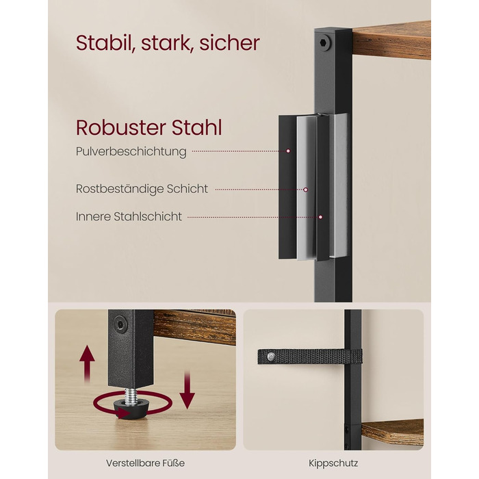 Кутова полиця VASAGLE з місцем для зберігання, окремостояча полиця, 5-ярусна полиця для зберігання, для вітальні, спальні, кухні, ванної кімнати, вінтажний коричневий-чорний LBC580K01 Вінтажний коричневий чорнильний