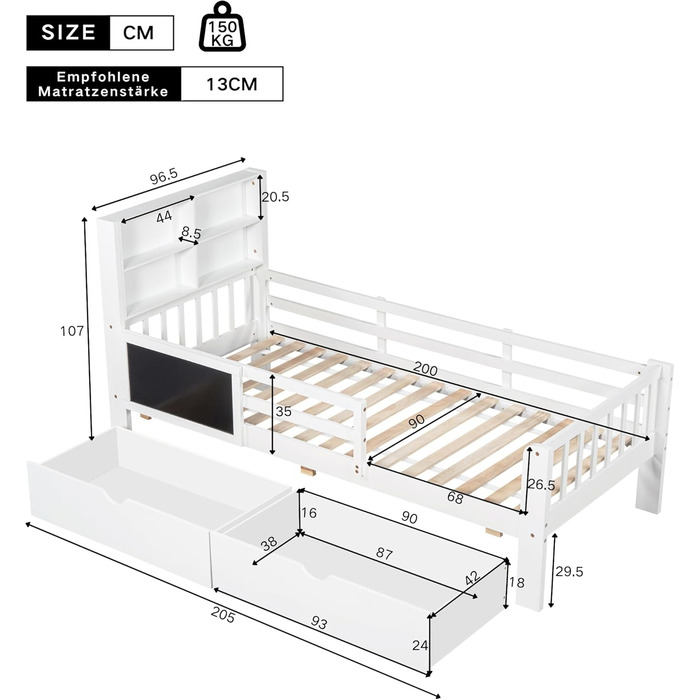 Дитяче ліжко 90x200, дерев&39яне ліжко з шухлядами та дошкою для малювання, узголів&39я з книжковою полицею та поручнями, ліжко з рейковою основою та місцем для зберігання речей, дитяче ліжко, функціональне ліжко, дерев&39яний каркас ліжка, без матраца, б