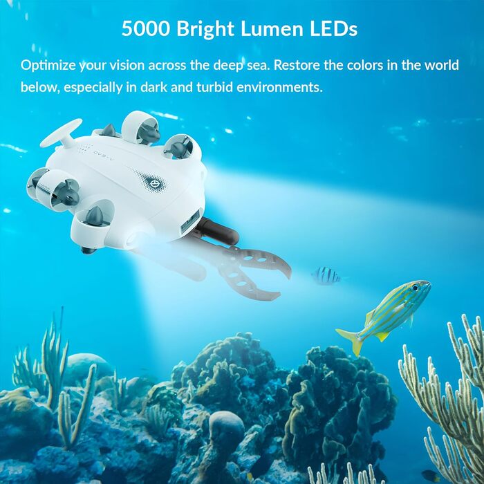 Підводний дрон FIFISH V-EVO 4K з роботизованою рукою, фіксацією зору на основі штучного інтелекту, всенаправленим рухом на 360, зануренням на 100 м, підводним ROV (додаткова роботизована рука)