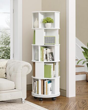 Книжкова полиця Hzuaneri, поворотна на 360, 5-рівнева вертикальна полиця для зберігання, сучасна окремостояча полиця, декоративна полиця на колесах, для вітальні, кабінету, офісу, 45 x 45 x 161,5 см, біла BC54003X