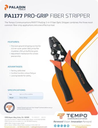 Професійні кліщі для зняття ізоляції з оптоволокна 3-в-1 Paladin Tools PA1177 Pro-Grip, регульовані