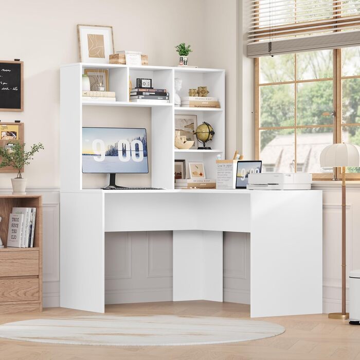 Кутовий письмовий стіл FirFurd з подовжувачем, L-подібний комп&39ютерний стіл з книжковою полицею, стіл для ПК/ноутбука для офісу, кабінету, вітальні, домашнього офісу, білий, 153 x 125 x 108 см, білий/розкішний сад