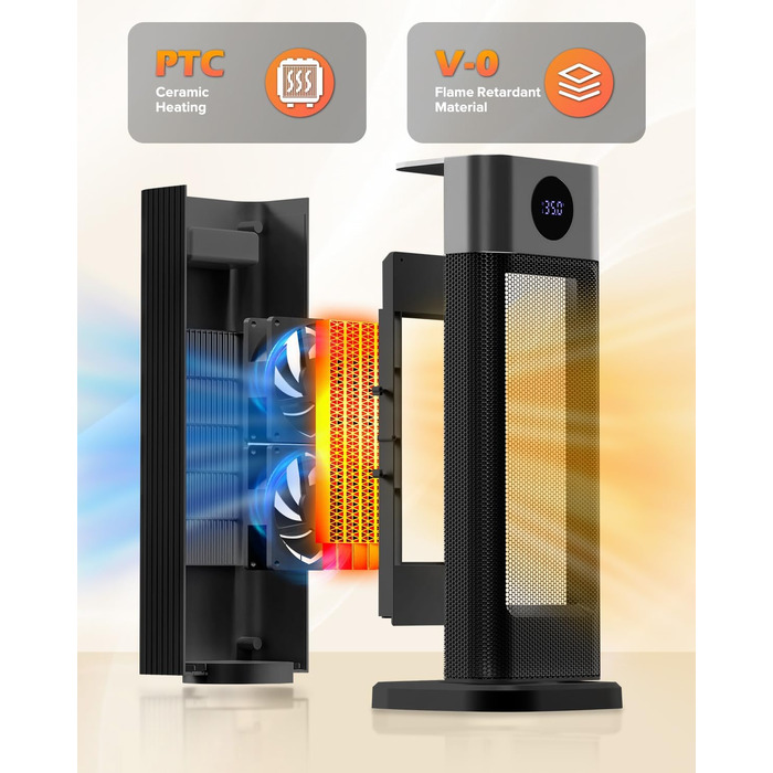 Енергозберігаючий вентилятор-обігрівач, керамічний вентилятор-обігрівач PTC потужністю 2000 Вт, кімнатний обігрівач з термостатом, дистанційним керуванням, коливаннями 70, таймером 12 годин, захистом від перегріву та перекидання, електричний обігрівач для