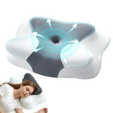 Подушка для шиї з дихаючої піни з ефектом пам&39яті, ергономічна подушка для сну на спині, боці та животі, 63x40x10/12 см, сіро-білий колір