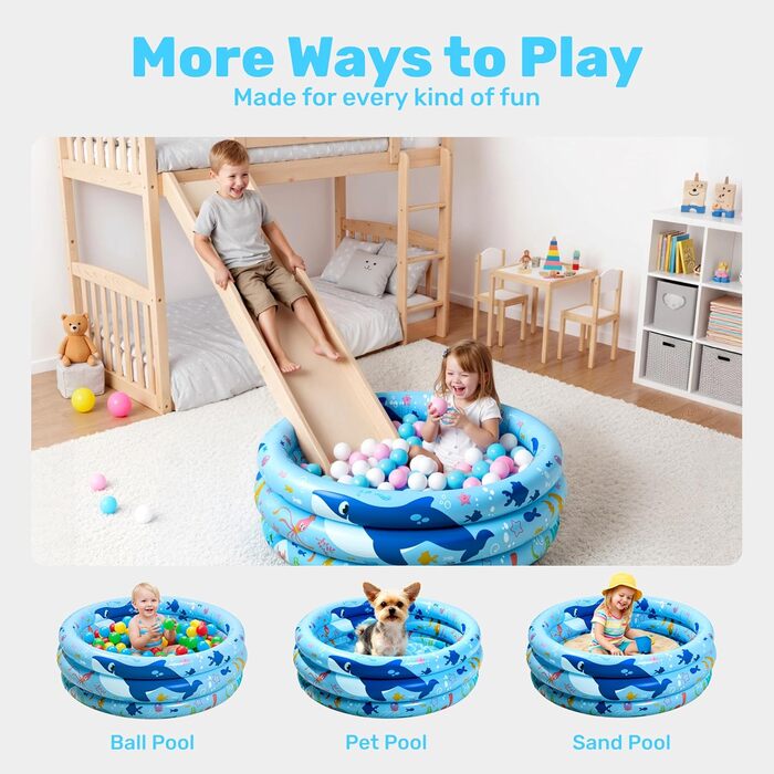 Надувний басейн SLOOSH 86 x 25 см, Дитячий басейн, 3 кільця, Надувна ванна, Надувний дитячий басейн, Басейн (Синій)