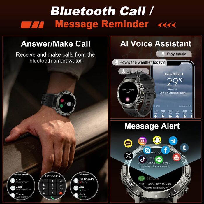 Військовий смарт-годинник для чоловіків з функцією телефону водонепроникний наручний годинник, фітнес-трекер, Bluetooth-дзвінки, смарт-годинник з монітором серцевого ритму, сну, спортивний годинник, крокомір, годинник для Android, iOS, чорний