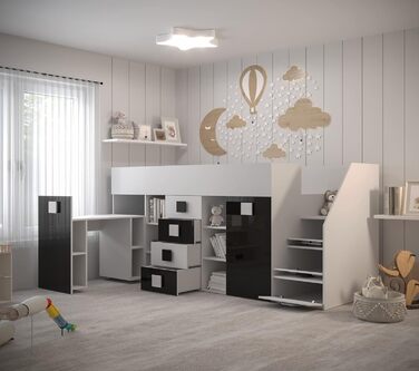 Двоярусне ліжко для дітей, підлітків з місцем для зберігання - Двоярусне ліжко з письмовим столом, шафою, полицею, шухлядами, сход