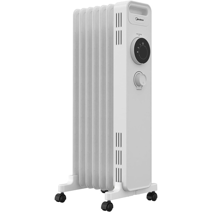 Масляний радіатор Midea NY1507-22M, енергозберігаючий, тихий електричний обігрівач потужністю 1500 Вт із 7 ребрами, термостатом, 3 режимами нагріву, захистом від перекидання та перегріву, еко-режимом, швидким нагріванням та портативним, білий колір