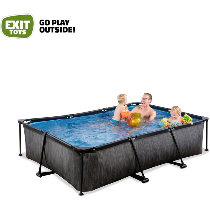 Басейн EXIT Toys Black Wood Pool - 300x200x65 см - Прямокутний, компактний каркасний басейн з картриджним фільтруючим насосом - Легкий доступ - Підходить для маленьких дітей - Міцний каркас - Унікальний дизайн - Чорний