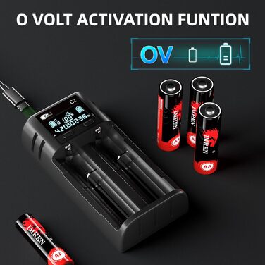 Зарядний пристрій IMREN 18650, інтелектуальний зарядний пристрій з РК-дисплеєм 26650 21700, швидкий зарядний пристрій 2A для акумуляторів 18650 3.7V Li-ION 18650 21700 20700 1.2V Ni-MH Ni-CD AA AAA C (з USB-C) C2