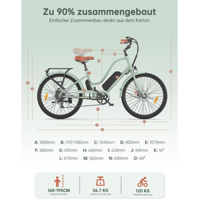 Міський електровелосипед Touroll B2 26 дюймів з двигуном 250 Вт 50 Нм та знімним акумулятором 36 В 561,6 Втгод, міський велосипед з педелектом, електричний велосипед, 25 км/год, запас ходу 100 км, електровелосипеди для дорослих, чоловіків та жінок, міськи