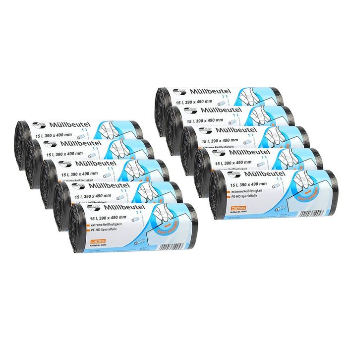 Набір з 10 предметів DEISS 44902 - UNIVERSAL PLUS - 15-літрові пакети для сміття СІРІ - 50 шт. у рулоні/Перероблений ПНД/Emil Deiss/Сміттєві пакети