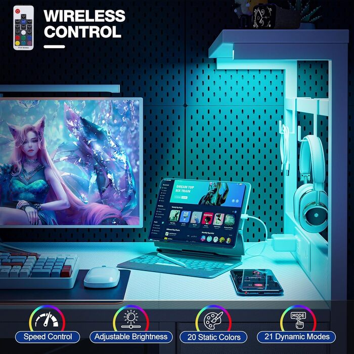 Ігровий стіл Grandder, ігровий стіл 120x50 см з розеткою та світлодіодним освітленням, комп&39ютерний стіл з двосторонніми полицями та шухлядою, ПК-стіл для домашнього офісу з відділенням для зберігання, білий