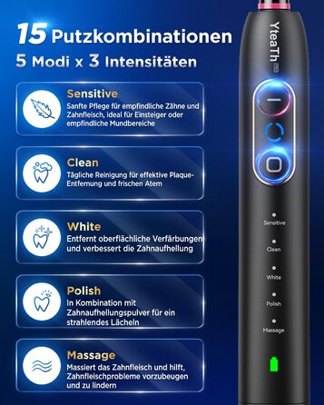 Електрична зубна щітка з обертанням для дорослих та дітей, 8 насадок (2 типи), 3 рівні інтенсивності, 5 режимів, з настінним тримачем та зарядною станцією, таймер чищення 2 хвилини, чорний колір, (в упаковці)