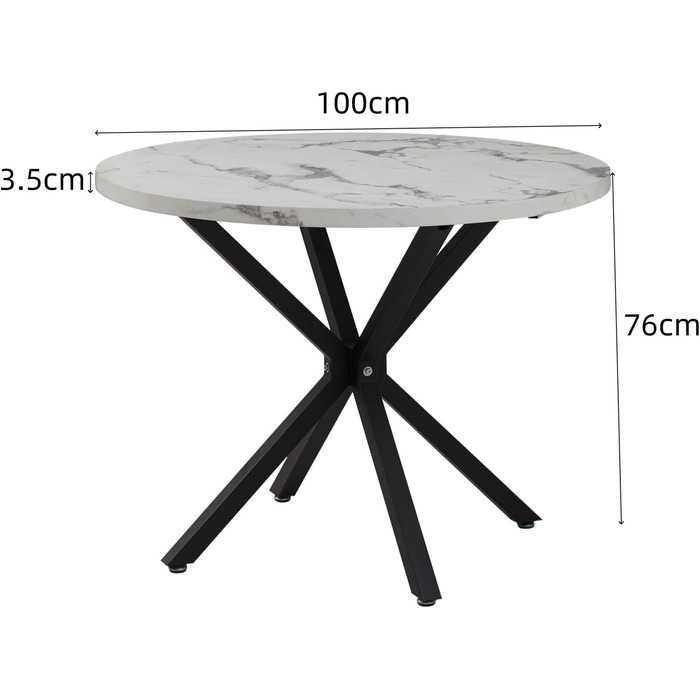 Сучасний круглий обідній стіл з промисловим листовим металом та чорними металевими ніжками - Скандинавський стіл для вітальні або кухні, 4-6 осіб, 100 см - Мармурова структура білийчорний