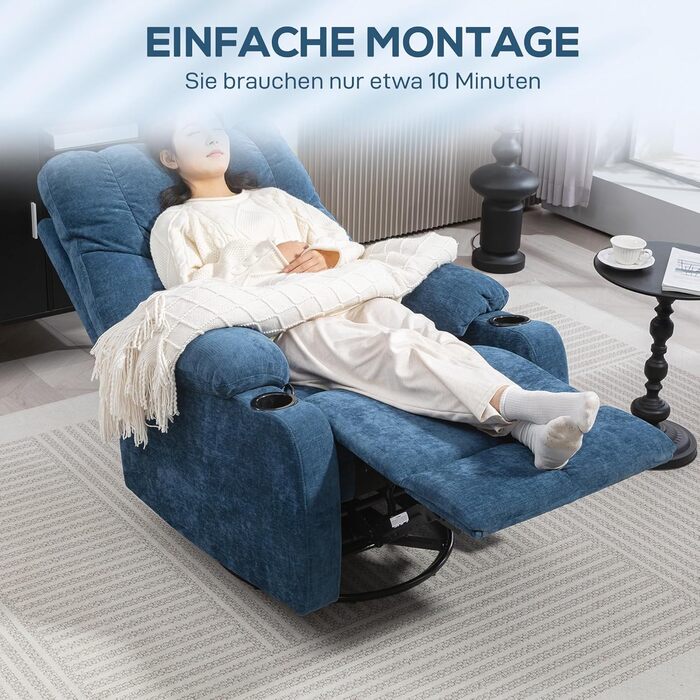 Крісло для телевізора HOMCOM з функцією відкидання, шезлонг з регульованою спинкою та підставкою для ніг, крісло-реклайнер з лляним ефектом для вітальні та спальні, темно-синє