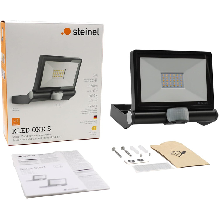 Світлодіодний вуличний прожектор Steinel XLED ONE S, антрацит, датчик руху 180, 18,6 Вт, 2050 лм, 3000K, для під'їзду, двору та саду, 065249, алюміній, сірий