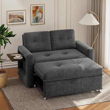 Диван YOUDENOVA з функцією сну, Розкладний диван з 5-позиційною регульованою спинкою, Диван-ліжко зі столиком та бічною кишенею, 2-місний диван-ліжко 177x135 см, Вельветово-сірий