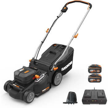 Акумуляторна газонокосарка WORX WG737E Nitro 40В (2х20В) - потужний безщітковий двигун - ширина зрізу 37см - 6 налаштувань висоти зрізу (20-70мм) - травозбірник на 40л - в комплекті батареї 2х4Ач та подвійний зарядний пристрій